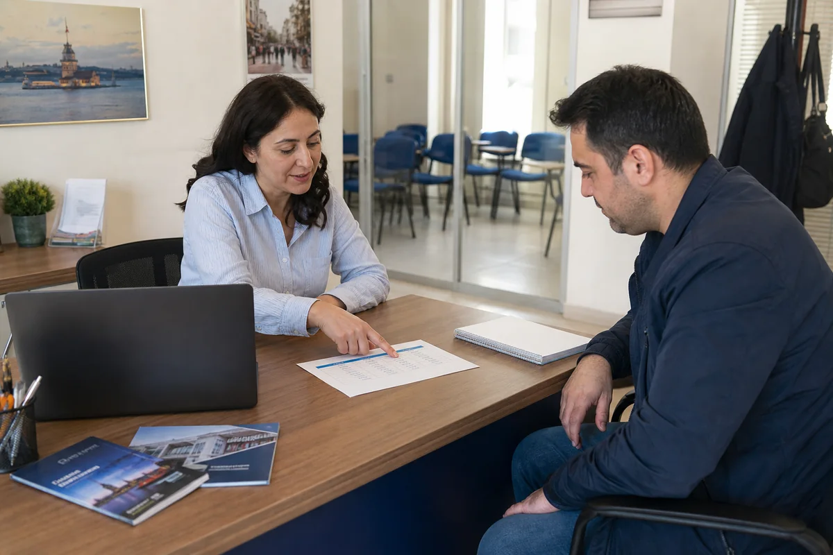 Eğitim kurumunun danışma masasında program ve kayıt bilgilerini görüşen iki yetişkin.